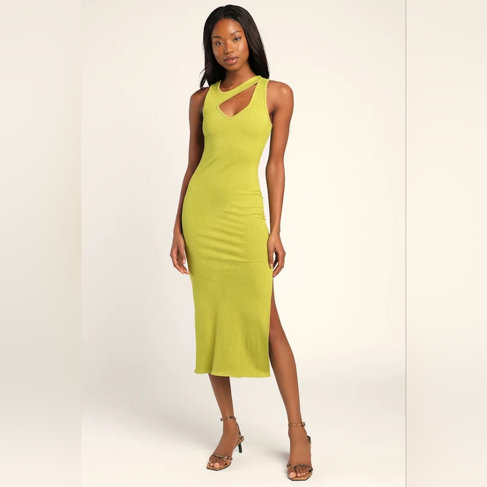 Lulus Cutout The Drama Chartreuse Cutout Bodycon Midi Dress